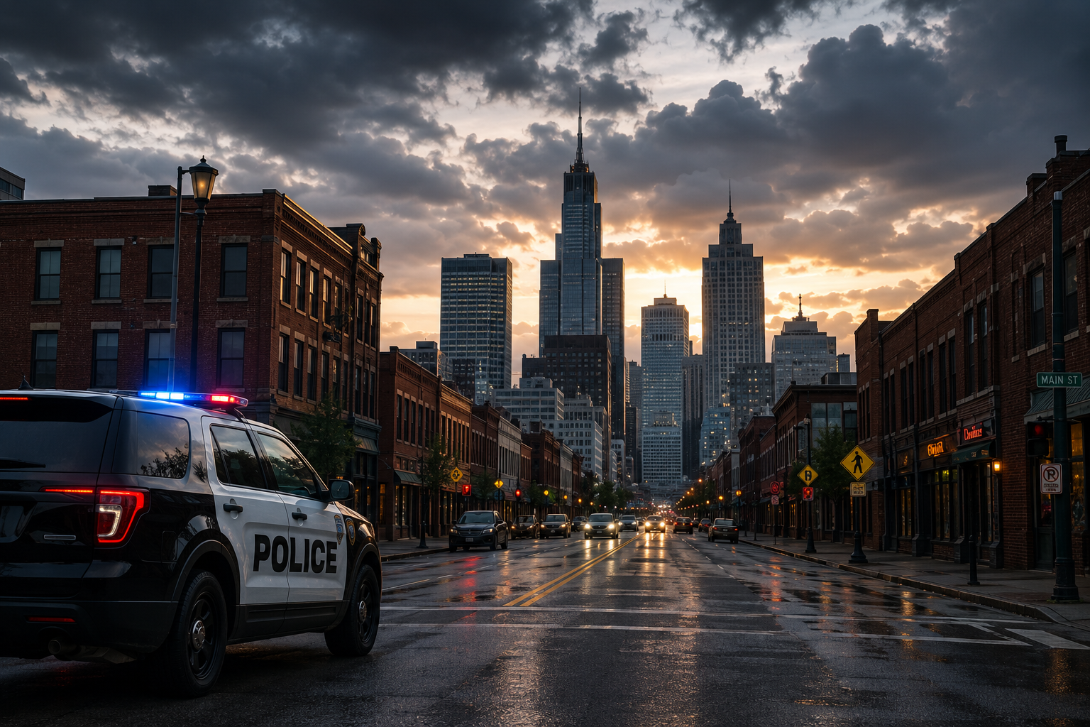 Police vehicle overlooking an American city at dusk