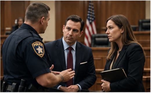 Law enforcement officer speaking with prosecutors in a courtroom