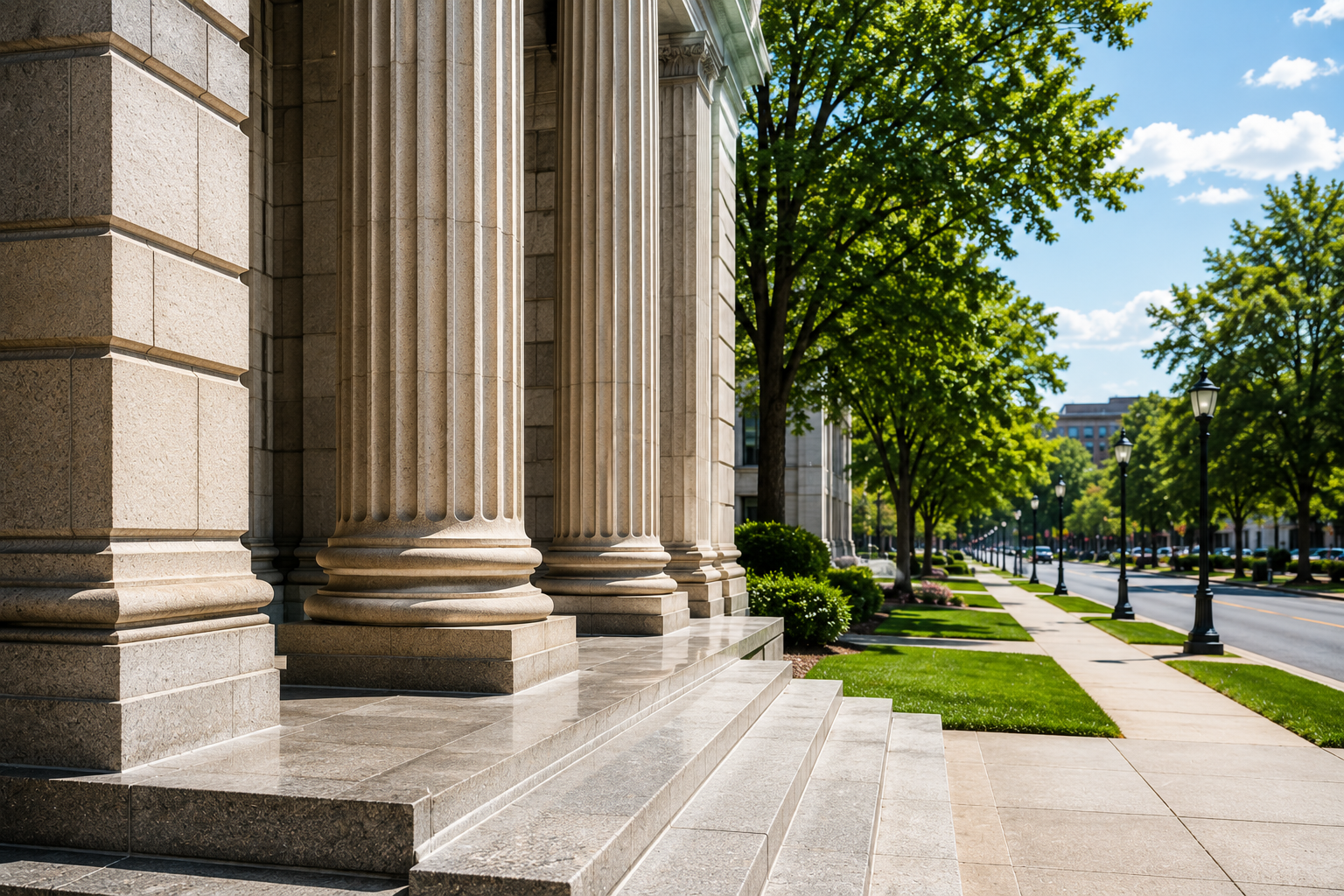 American civic building and landscaped walkway