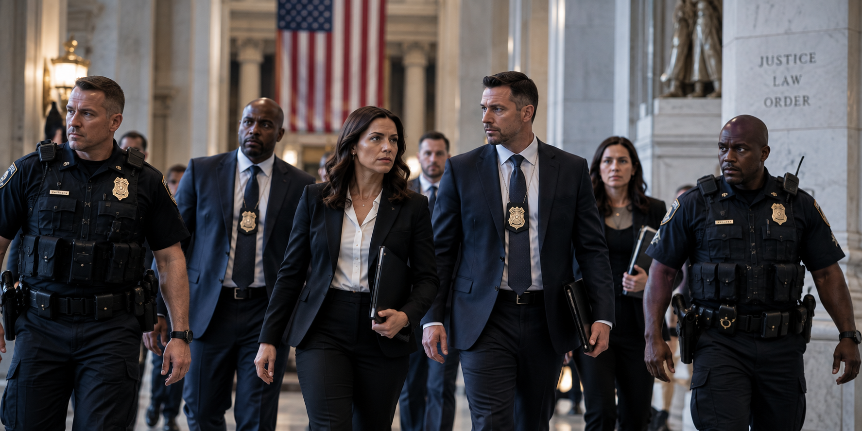 Law enforcement officers, investigators, and prosecutors in a government building