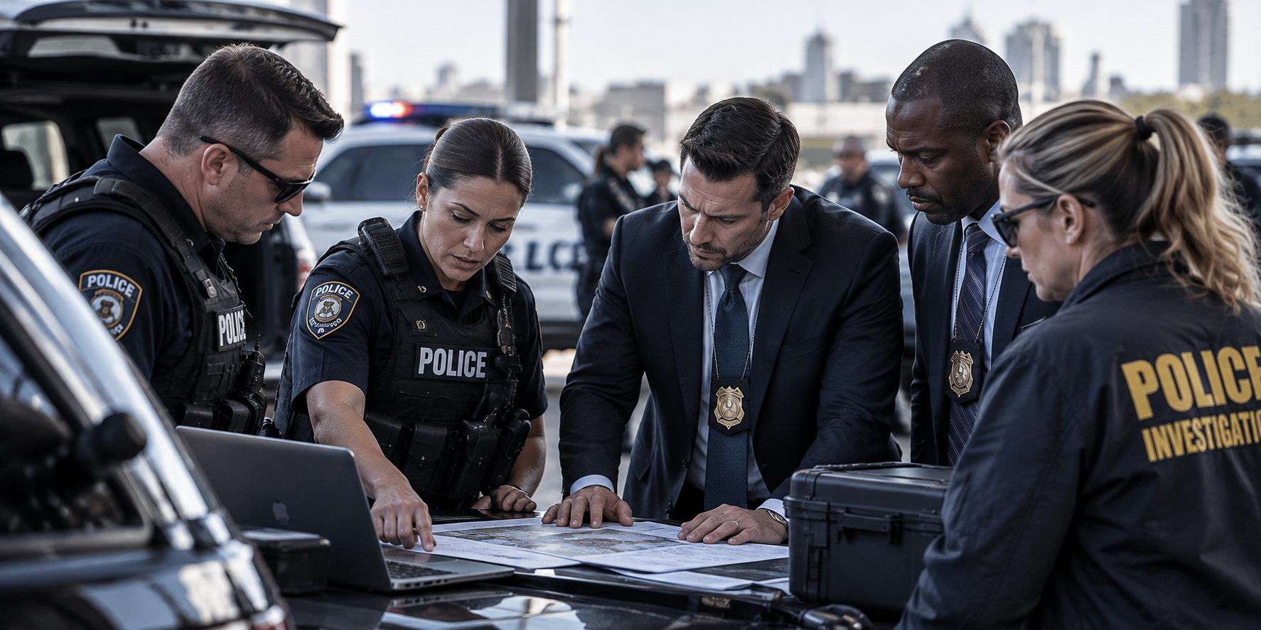 Law enforcement officers and investigators working together in the field