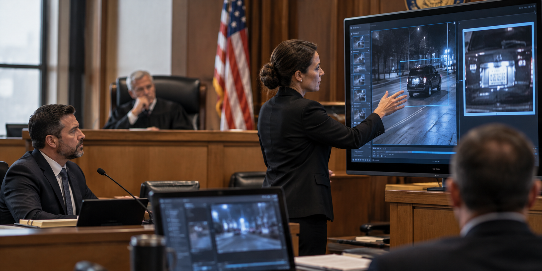 Technology being used to present evidence in a courtroom