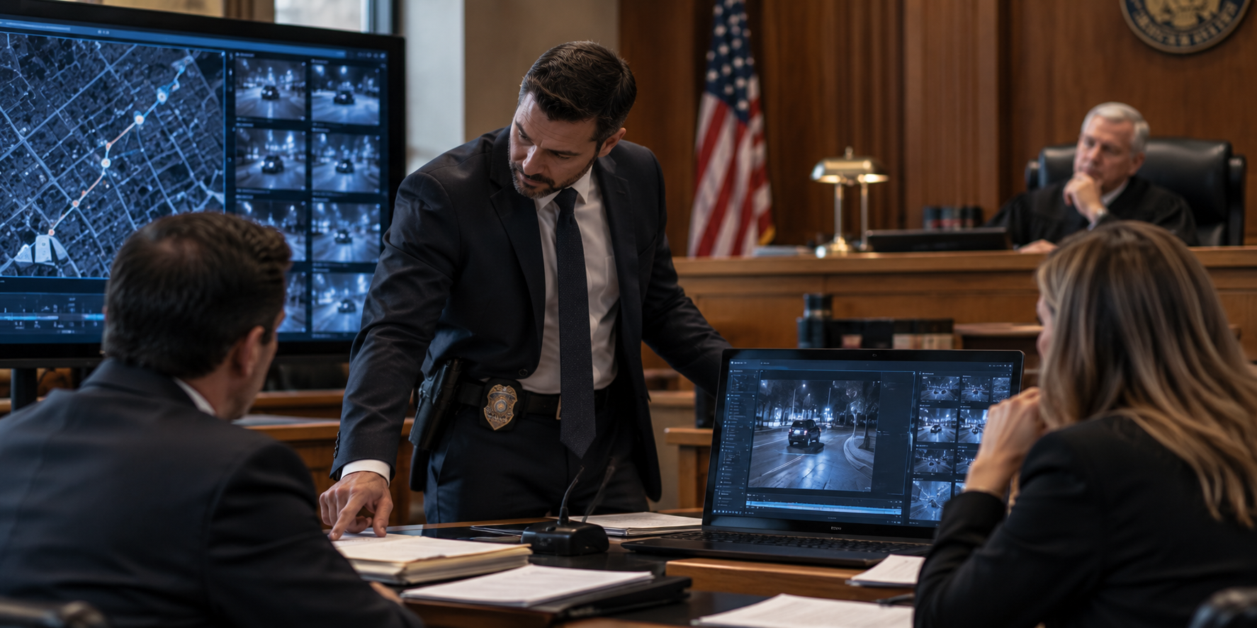 Detective using technology while presenting evidence in a courtroom