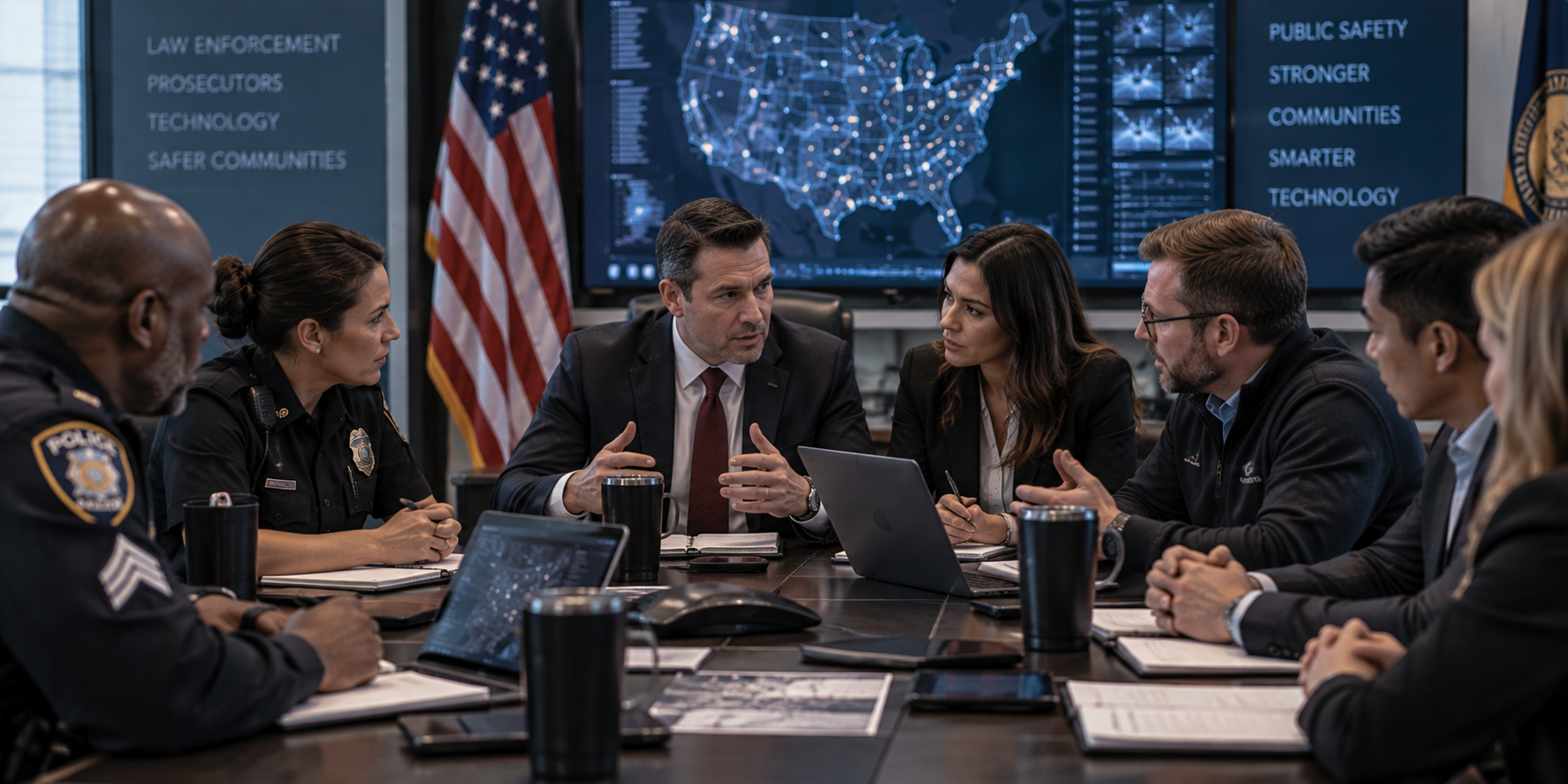 Law enforcement officers, prosecutors, and technology professionals meeting together