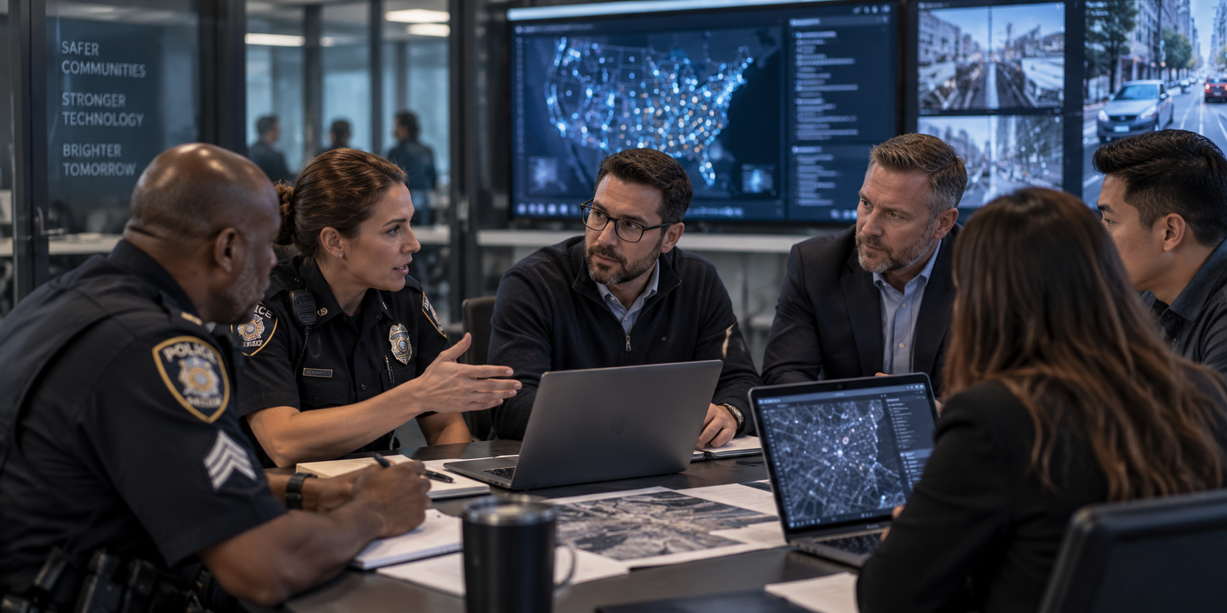 Law enforcement officers and technology professionals collaborating around a table
