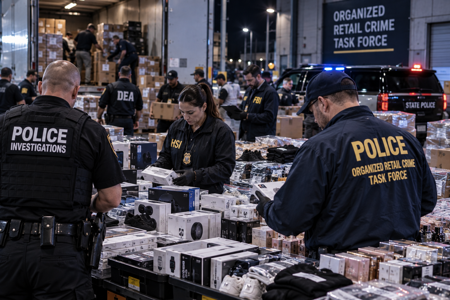 Investigators processing recovered merchandise from an organized retail crime operation