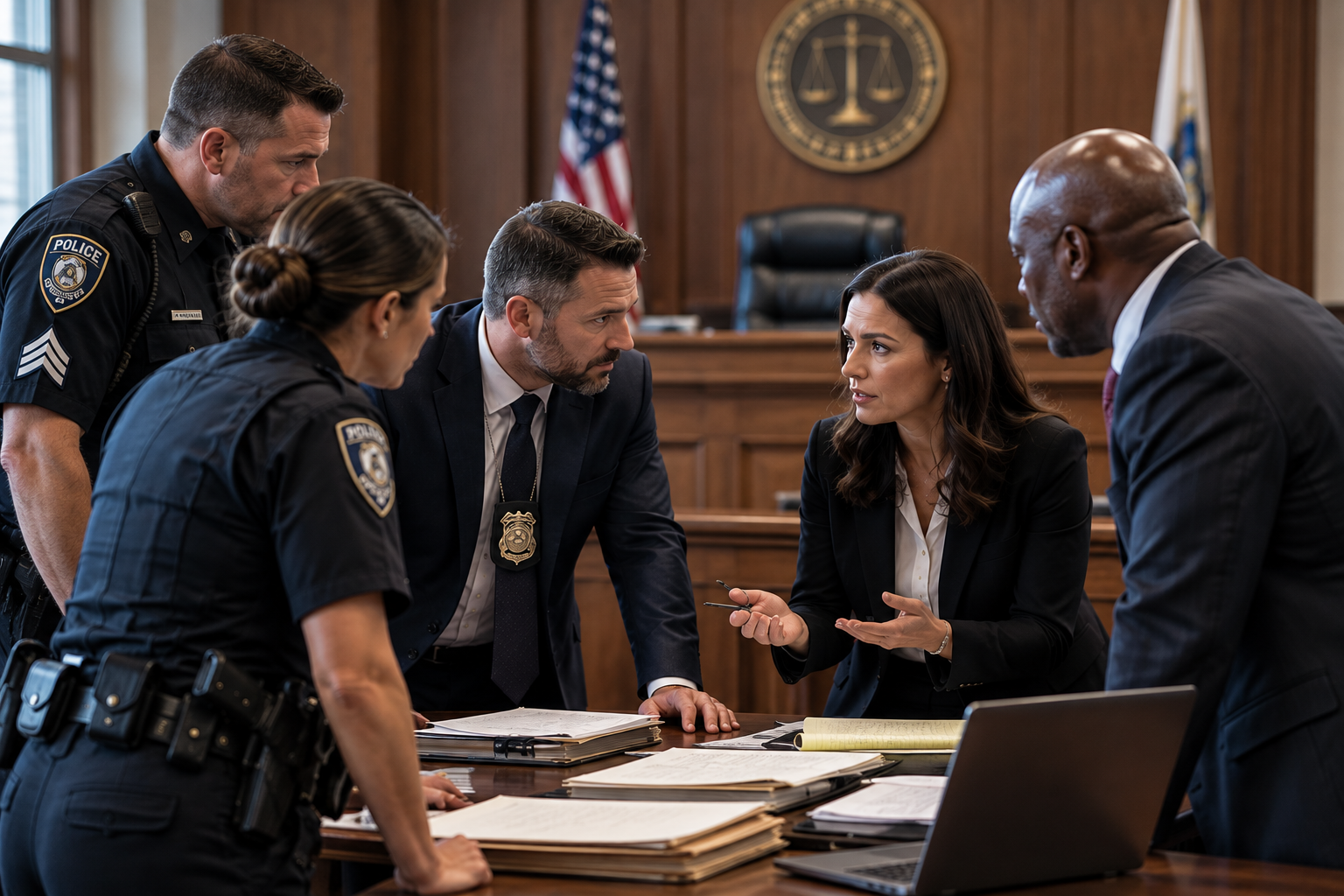 Law enforcement officers, investigators, and prosecutors conferring in a courtroom