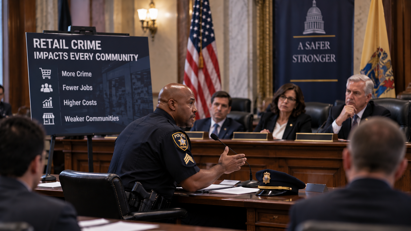 Law enforcement officer testifying before lawmakers about retail crime