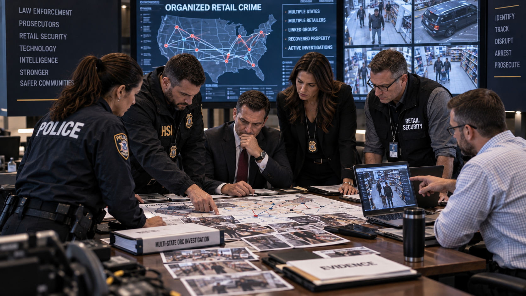 Law enforcement, prosecutors, retail security, and technology professionals coordinating an organized retail crime investigation