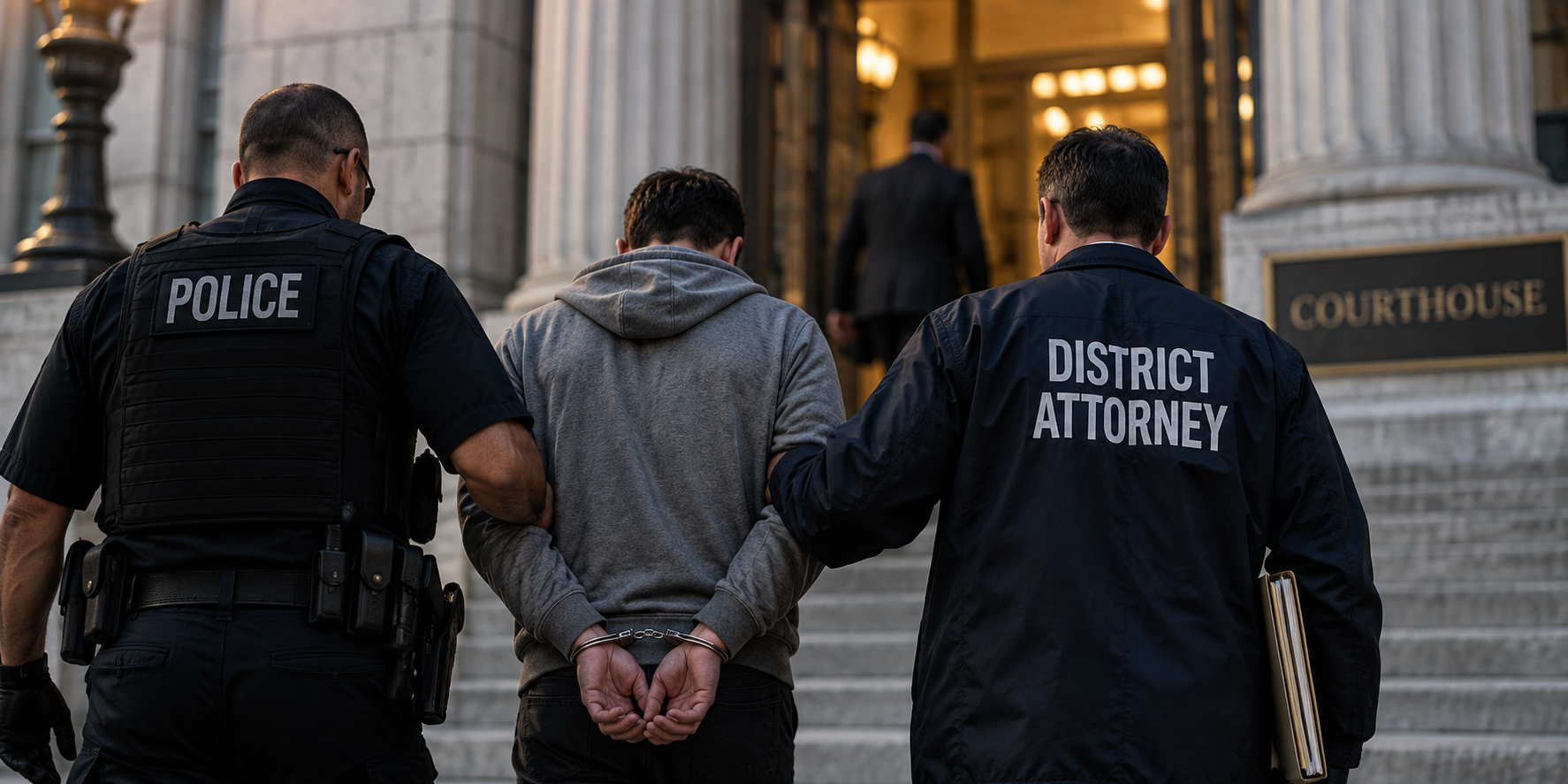 Law enforcement escorting an arrested individual into a courthouse