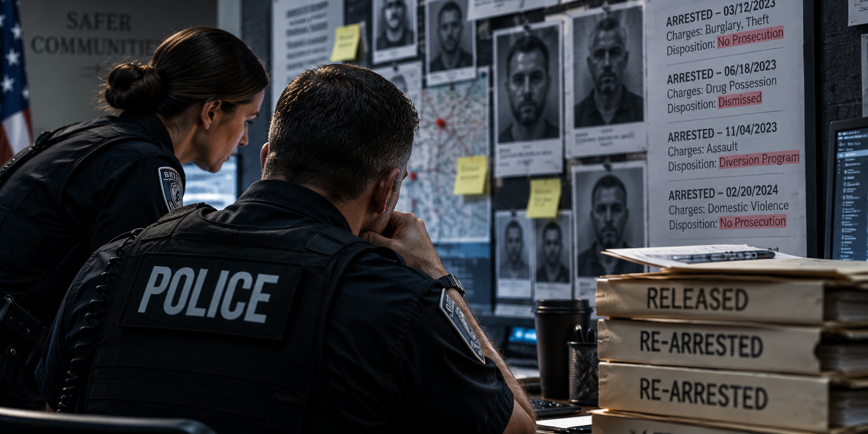 Law enforcement officers reviewing repeat offender case histories
